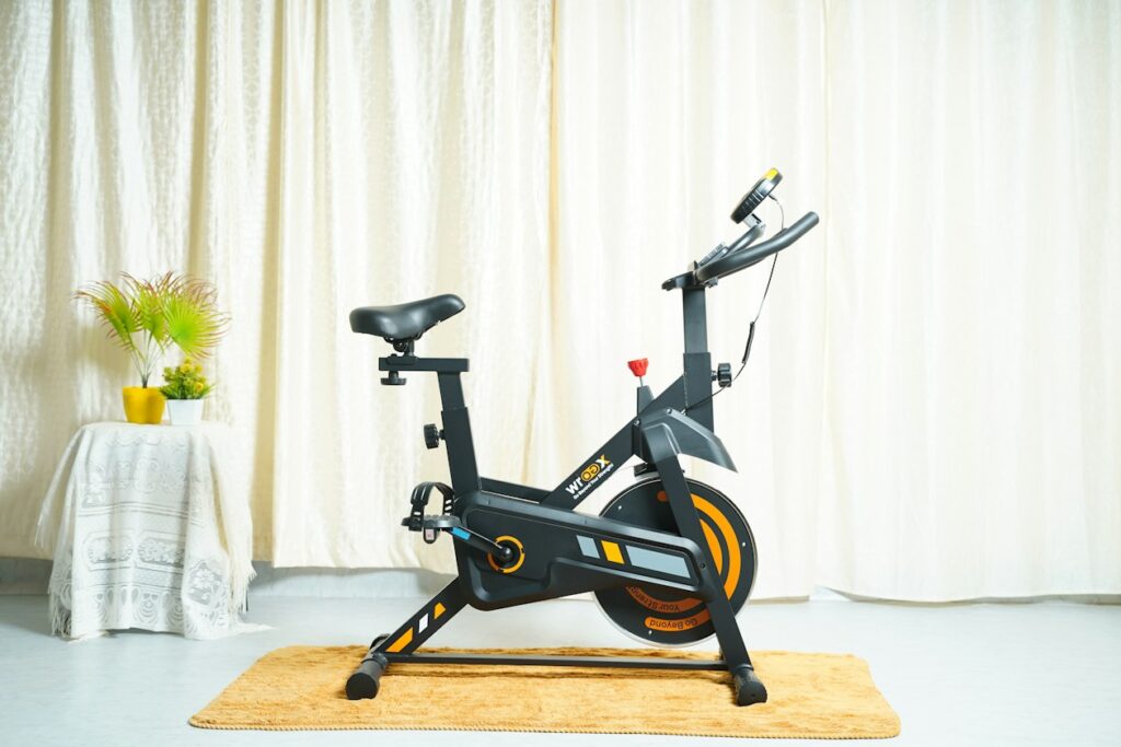 An exercise bike standing in a living room